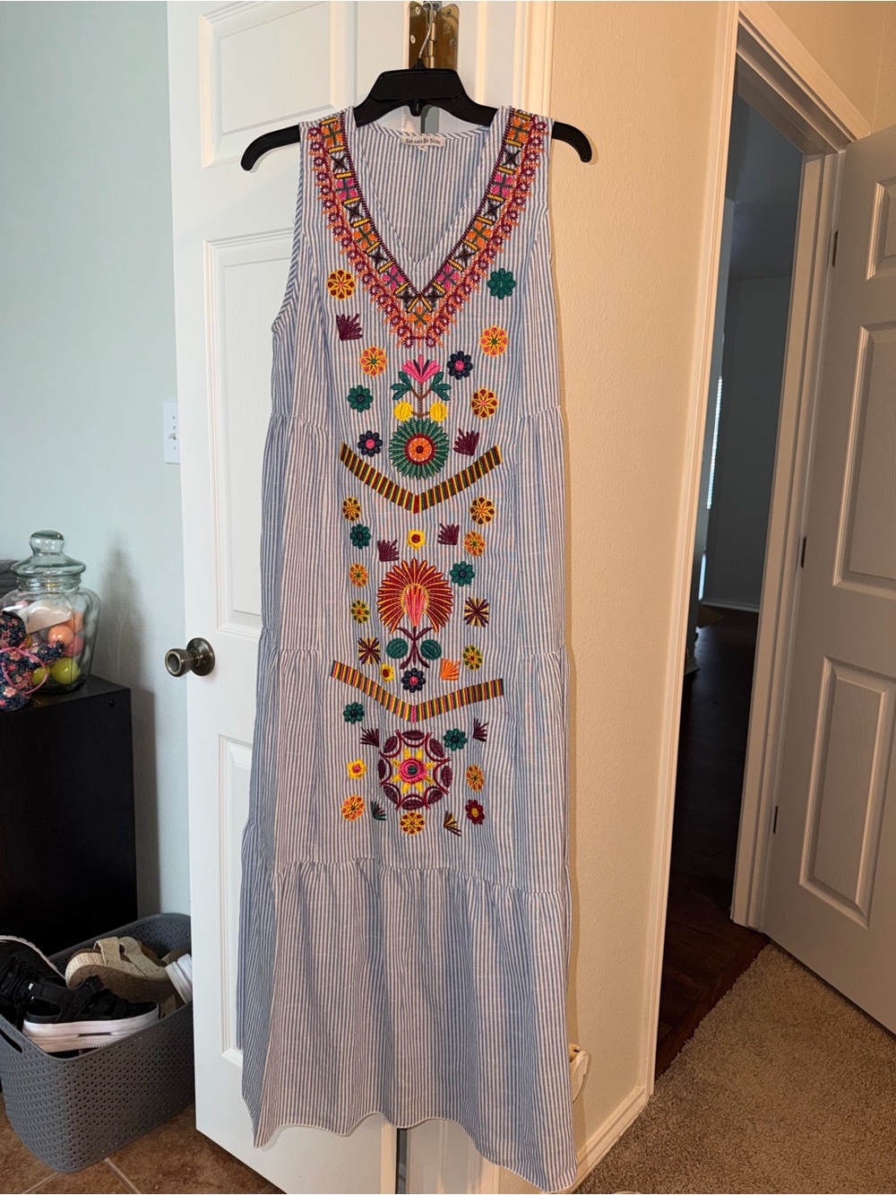 Embroidered V-Neck Sleeveless Cotton Maxi Dress in Blue Stripe